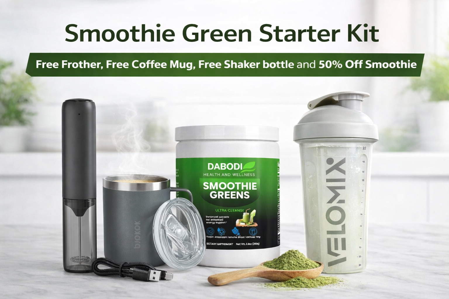 Smoothie Green Starter Kit (Free Frother, Free Coffee Mug, Free Shaker bottle)